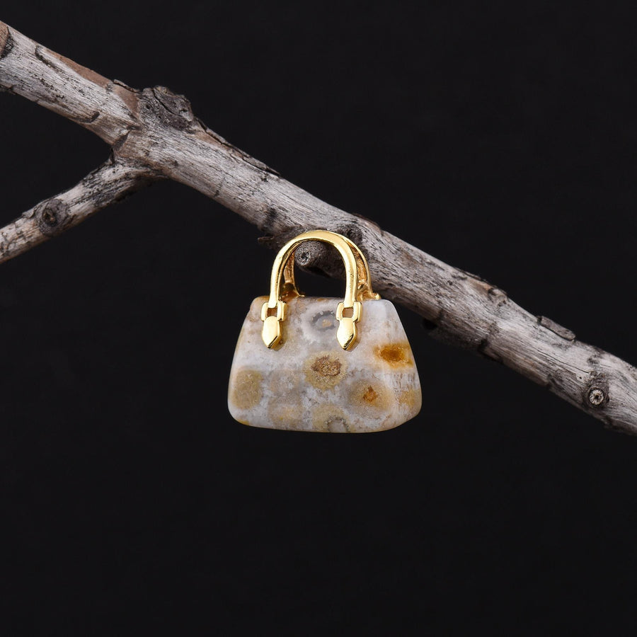 Hand Carved Natural Indonesian Fossil Coral Focal Pendant Bead Purse Miniature Handbag Style OP0632