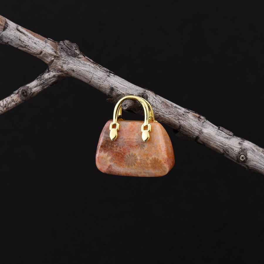Hand Carved Natural Indonesian Fossil Coral Focal Pendant Bead Purse Miniature Handbag Style OP0633