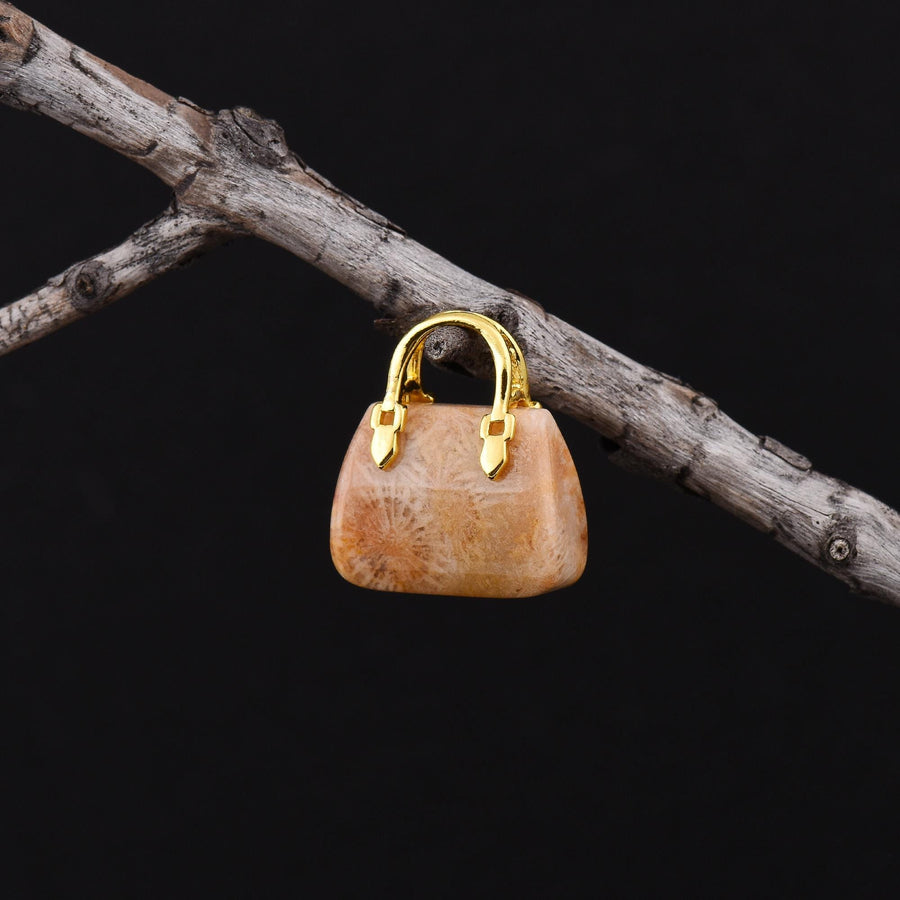 Hand Carved Natural Indonesian Fossil Coral Focal Pendant Bead Purse Miniature Handbag Style OP0634
