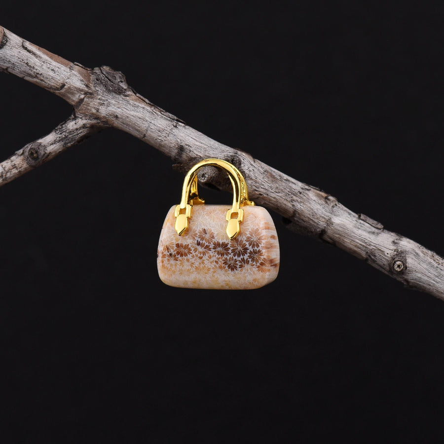 Hand Carved Natural Indonesian Fossil Coral Focal Pendant Bead Purse Miniature Handbag Style OP0637