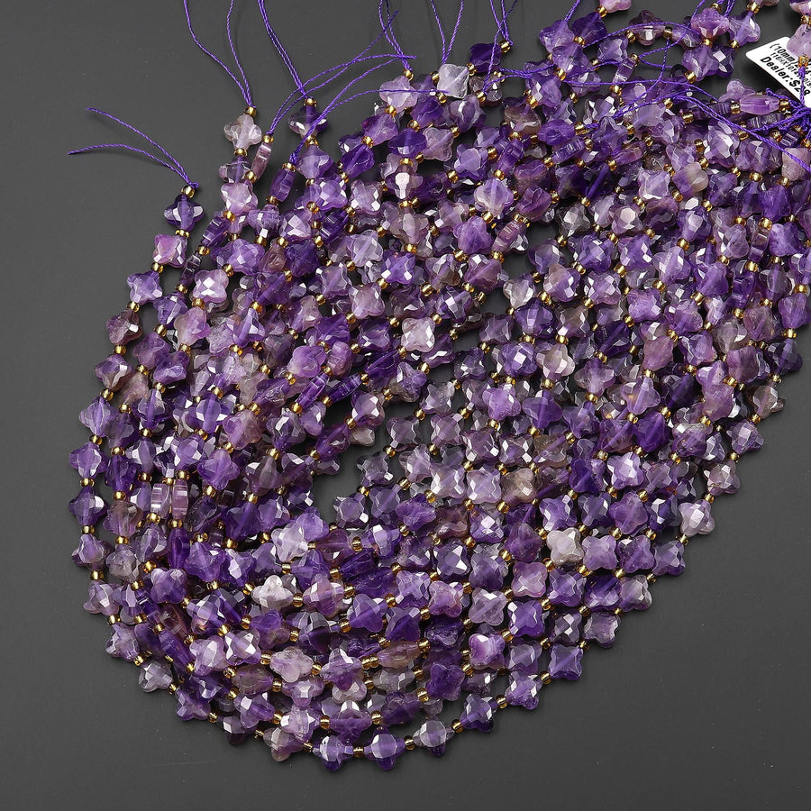 Four Leaf Clover 10mm Beads Natural Purple Amethyst Carved Faceted Flower Gemstone 15.5" Strand