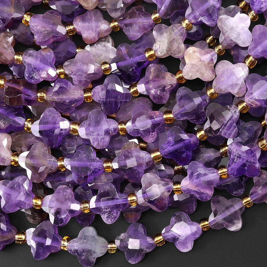 Four Leaf Clover 10mm Beads Natural Purple Amethyst Carved Faceted Flower Gemstone 15.5" Strand
