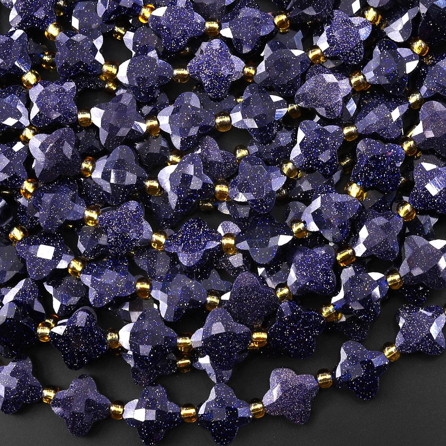 Four 4 Leaf Clover 10mm Beads Faceted Blue Goldstone Carved Flower Gemstone 15.5" Strand
