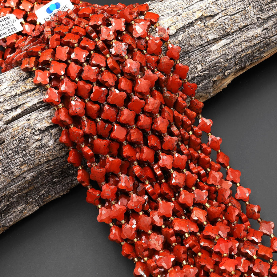 Four Leaf Clover 10mm Beads Natural Red Jasper Carved Faceted Flower Gemstone 15.5" Strand