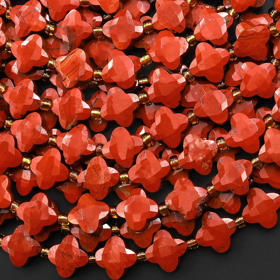 Four Leaf Clover 10mm Beads Natural Red Jasper Carved Faceted Flower Gemstone 15.5" Strand