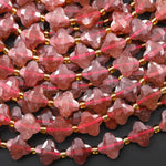 Four Leaf Clover 10mm Beads Natural Strawberry Quartz Carved Faceted Flower Gemstone 15.5" Strand