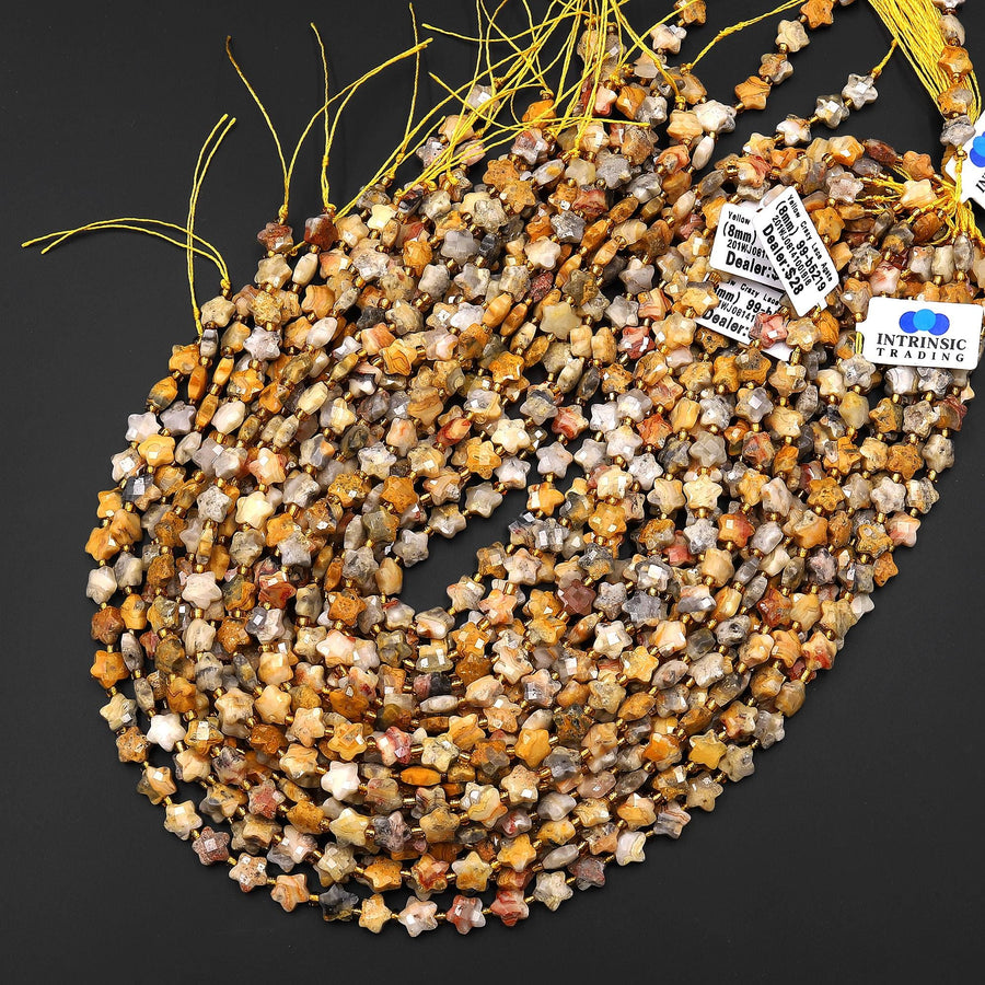 Faceted Natural Yellow Crazy Lace Agate Beads 8mm Carved Star Gemstone 14.5" Strand