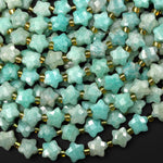 Faceted Natural Peruvian Sea Blue Green Amazonite Beads 8mm Carved Star Gemstone 14.5" Strand