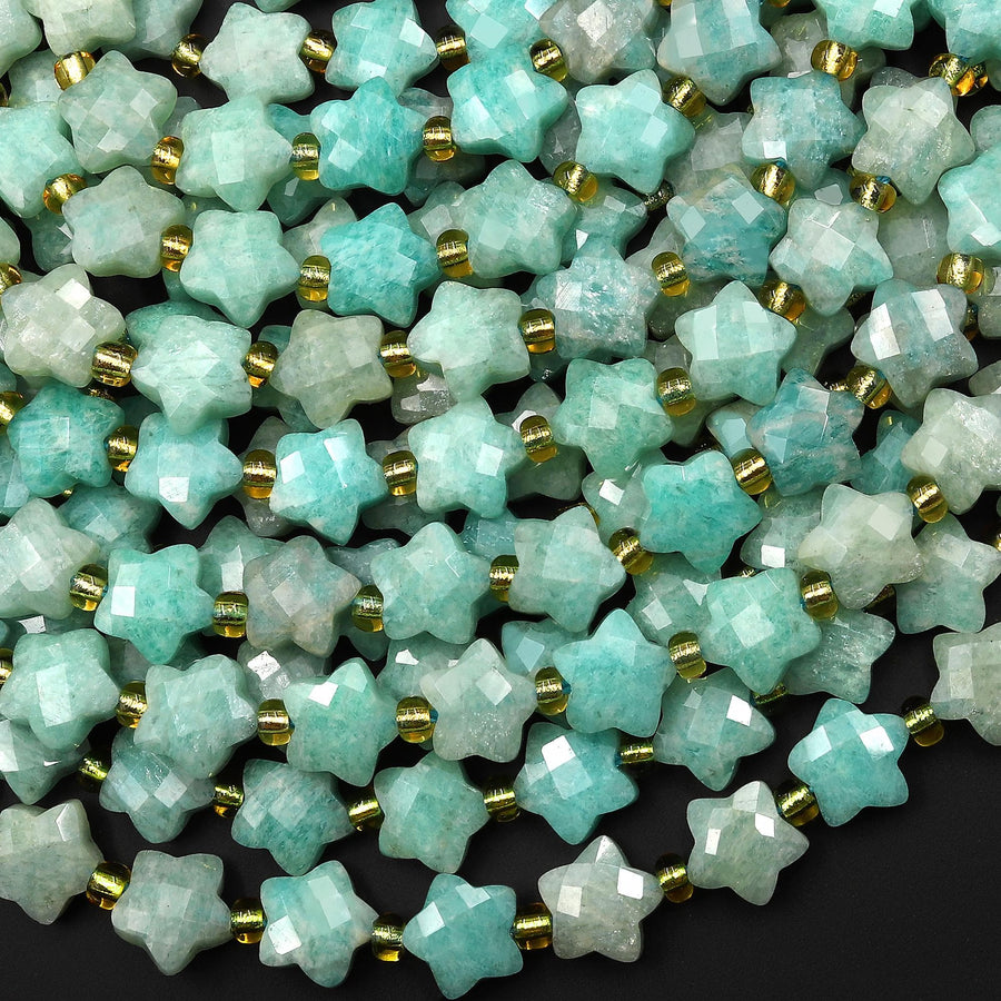 Faceted Natural Peruvian Sea Blue Green Amazonite Beads 8mm Carved Star Gemstone 14.5" Strand