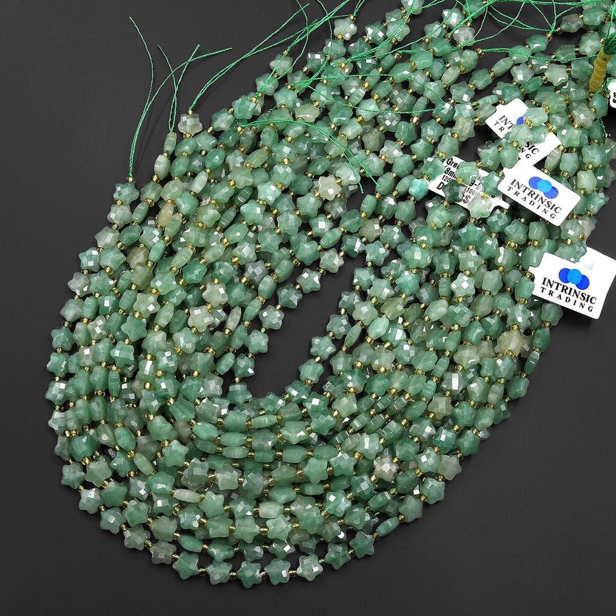 Faceted Natural Green Aventurine Beads 8mm Carved Star Gemstone 14.5" Strand