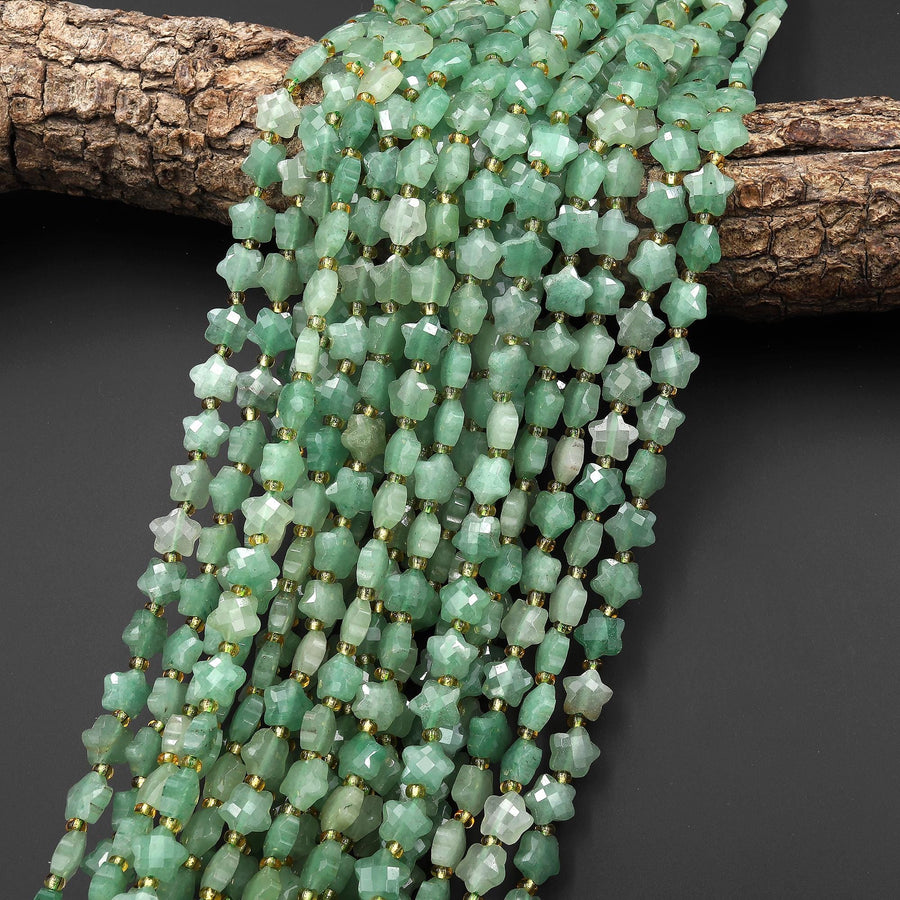 Faceted Natural Green Aventurine Beads 8mm Carved Star Gemstone 14.5" Strand