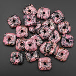 AAA Natural Pink Black Rhodonite Square Donut Pendant Focal Bead 30mm