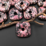 AAA Natural Pink Black Rhodonite Square Donut Pendant Focal Bead 30mm