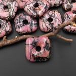 AAA Natural Pink Black Rhodonite Square Donut Pendant Focal Bead 30mm