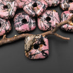AAA Natural Pink Black Rhodonite Square Donut Pendant Focal Bead 30mm