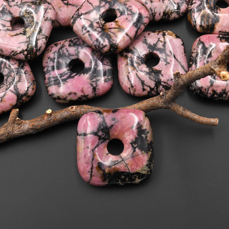 AAA Natural Pink Black Rhodonite Square Donut Pendant Focal Bead 30mm A2