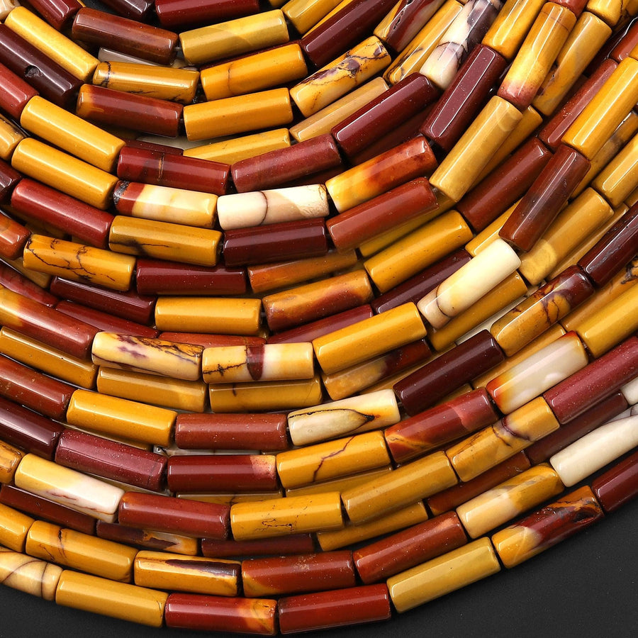 Natural Australian Mookaite Thin Long Tube Beads Yellow Mauve Red 14mm 15.5" Strand