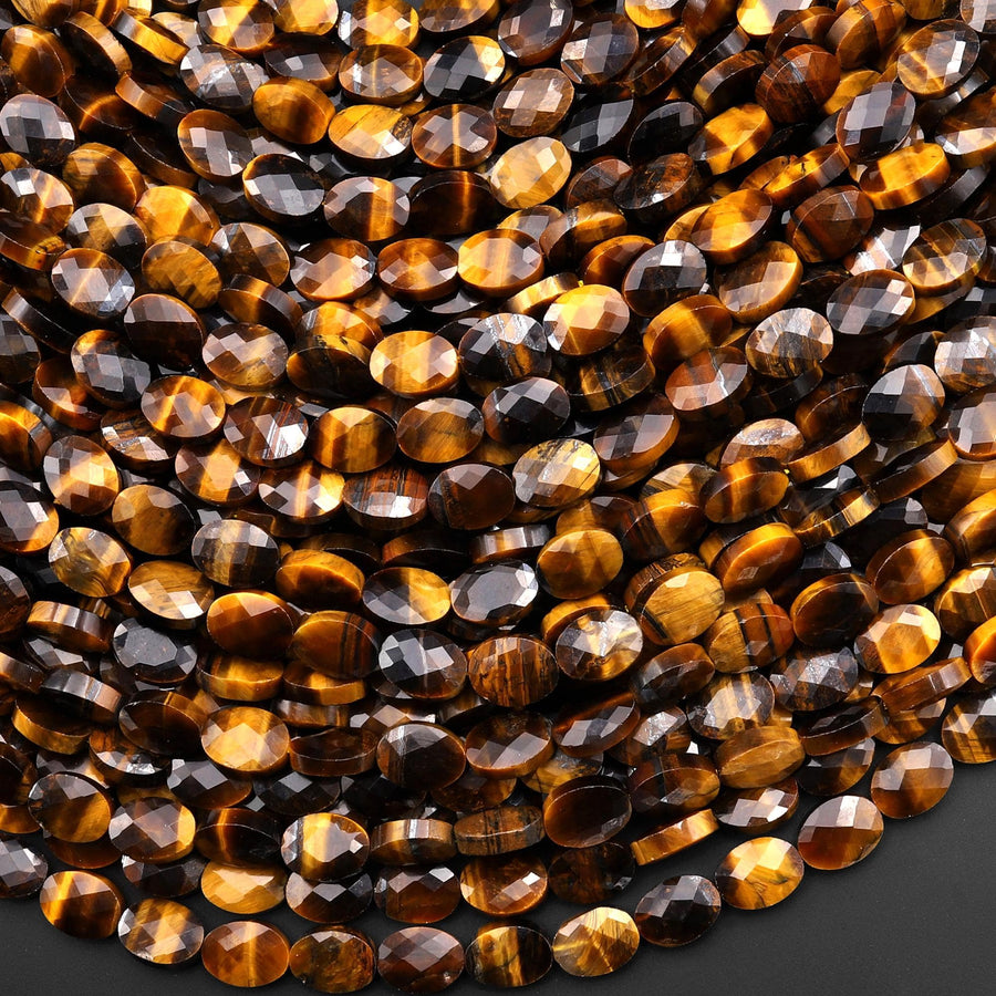 Faceted Natural Tiger's Eye Oval Gemstone Beads 6x8mm 15.5" Strand