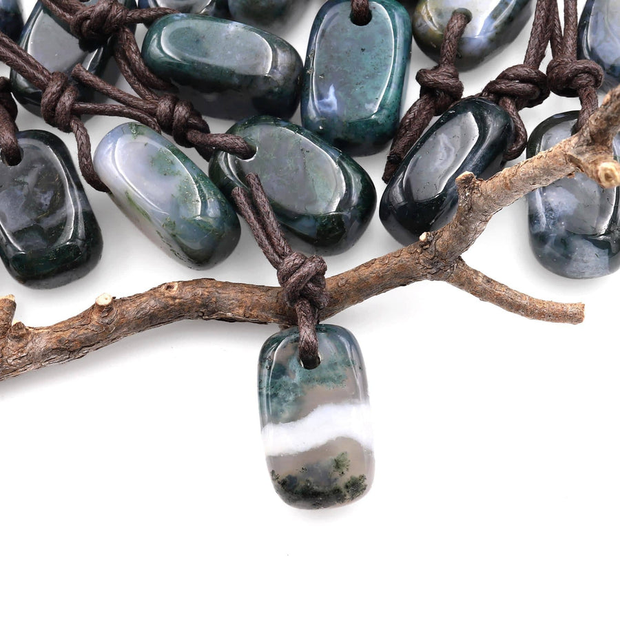 Natural Green Moss Agate Smooth Rectangle Nugget Pendant Focal Worry Stone Bead A2