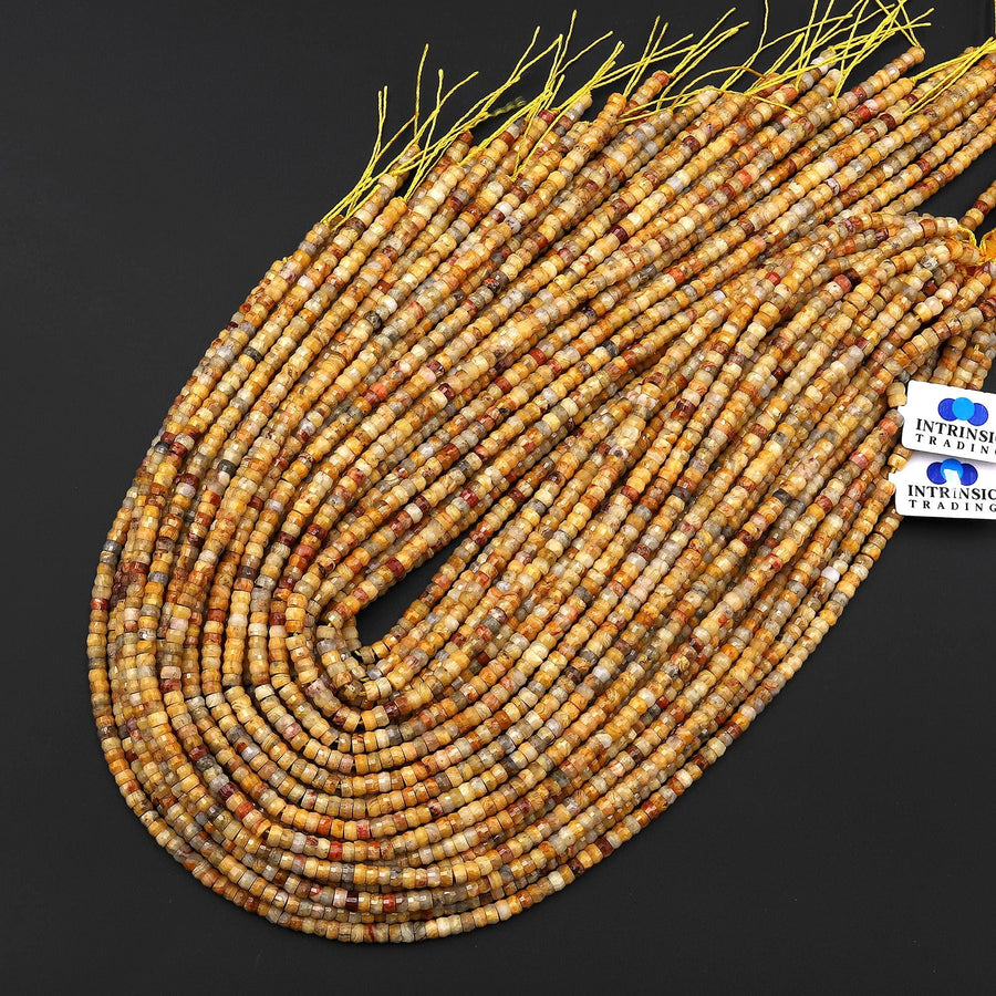 AAA Faceted Natural Yellow Crazy Lace Agate Heishi Rondelle Beads 4mm 15" Strand