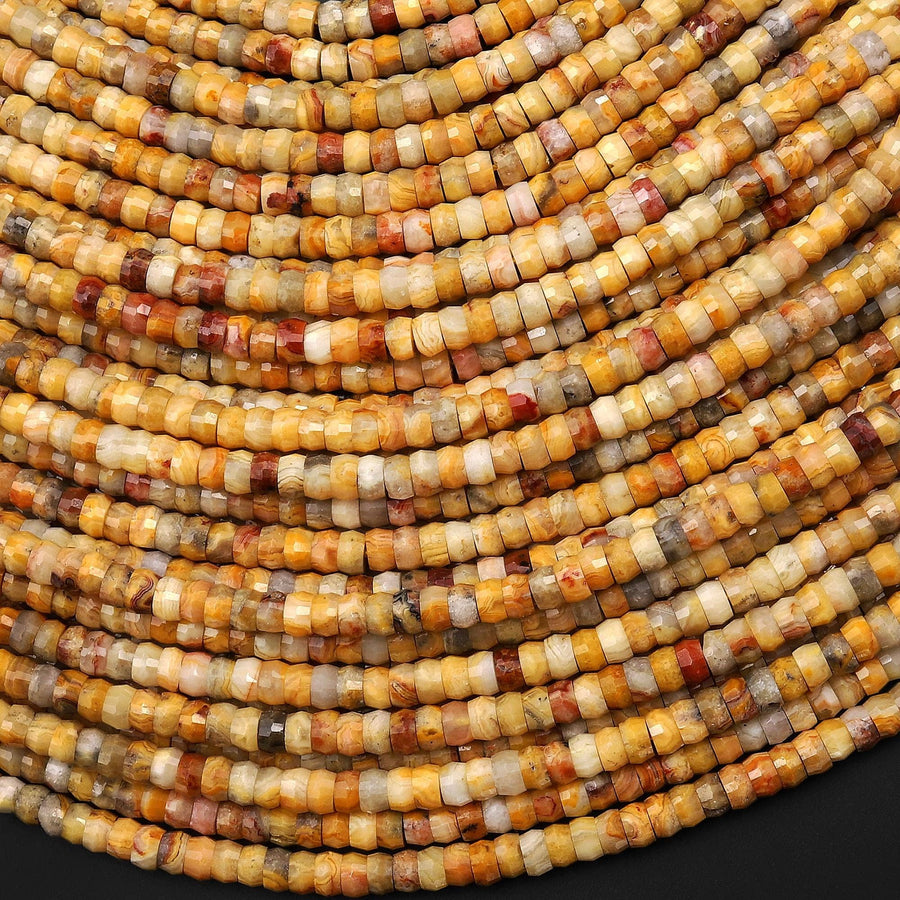 AAA Faceted Natural Yellow Crazy Lace Agate Heishi Rondelle Beads 4mm 15" Strand