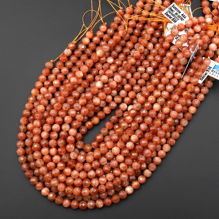 AAA Faceted Natural Fiery Orange Sunstone Round Beads 8mm Gemstone 15.5" Strand