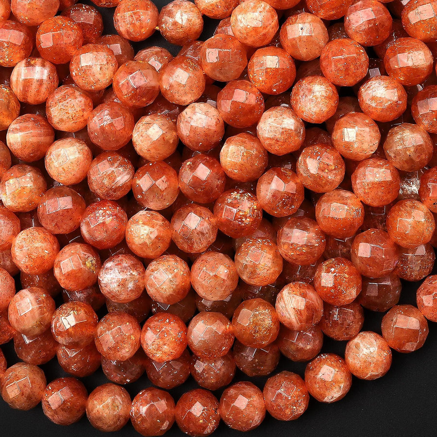 AAA Faceted Natural Fiery Orange Sunstone Round Beads 8mm Gemstone 15.5" Strand