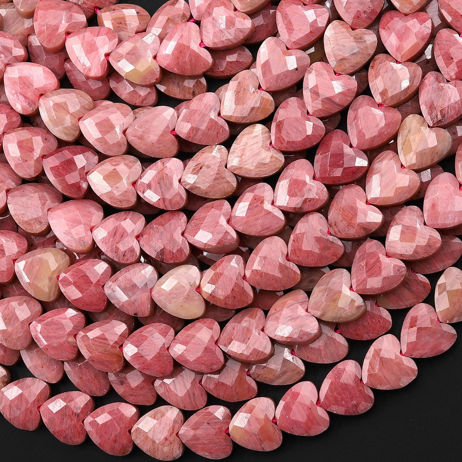 AAA Faceted Natural Petrified Pink Rhodonite Carved Heart Beads 8mm Gemstone 15.5" Strand