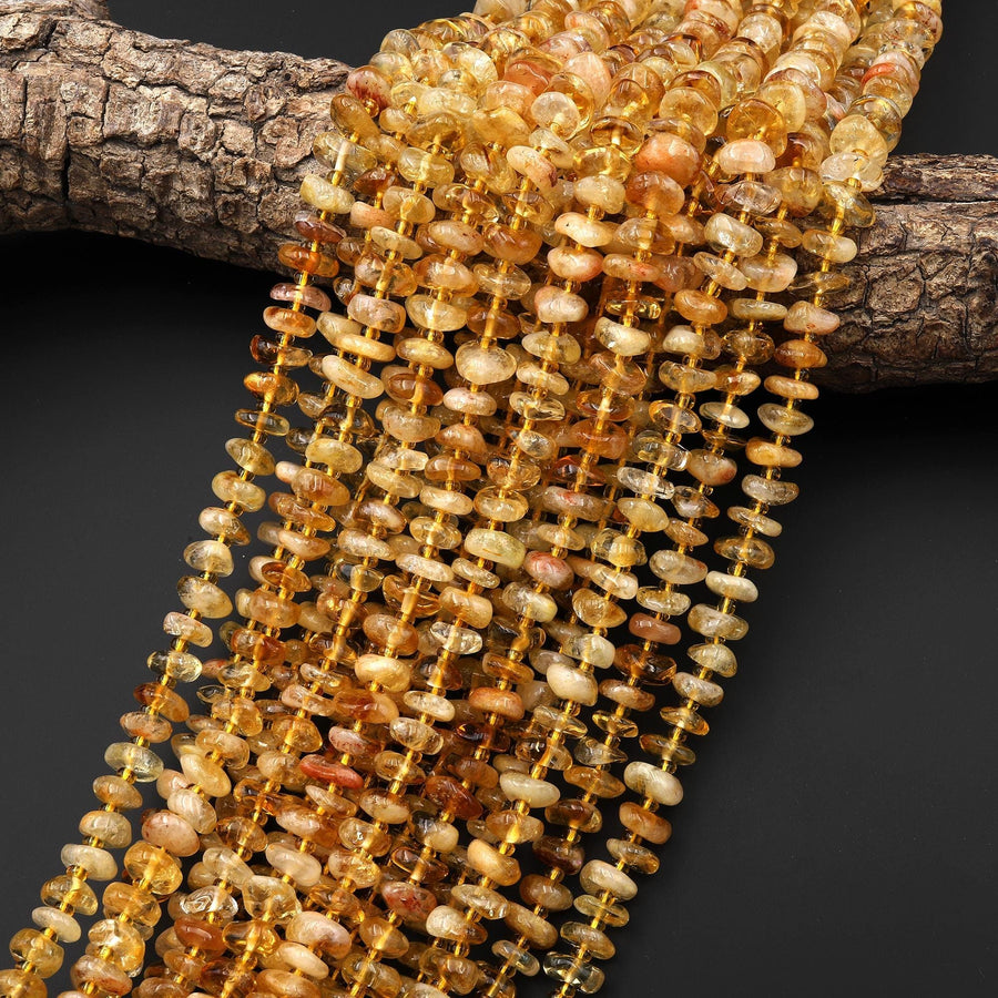 Natural Golden Yellow Citrine Freeform Thick Rondelle 8mm 10mm Beads 15.5" Strand