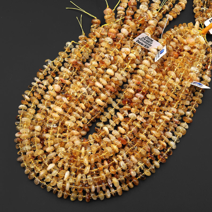 Natural Golden Yellow Citrine Freeform Thick Rondelle 8mm 10mm Beads 15.5" Strand