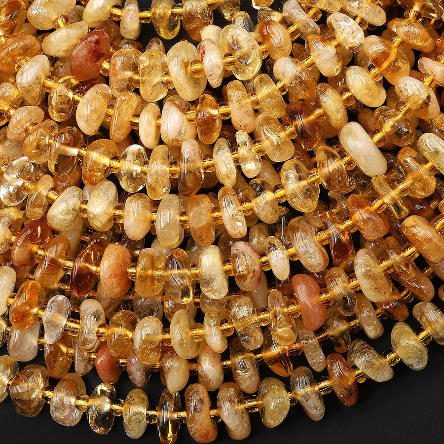 Natural Golden Yellow Citrine Freeform Thick Rondelle 8mm 10mm Beads 15.5" Strand