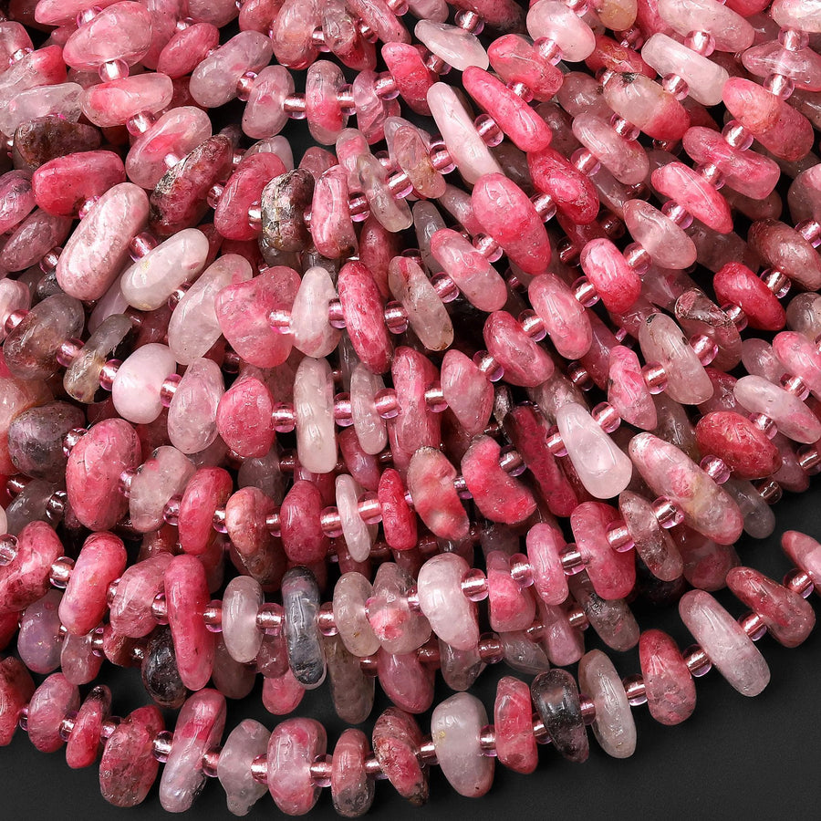 Natural Rhodonite in Quartz Freeform Center Drilled 8mm 12mm Rondelle Disc Beads 15.5" Strand