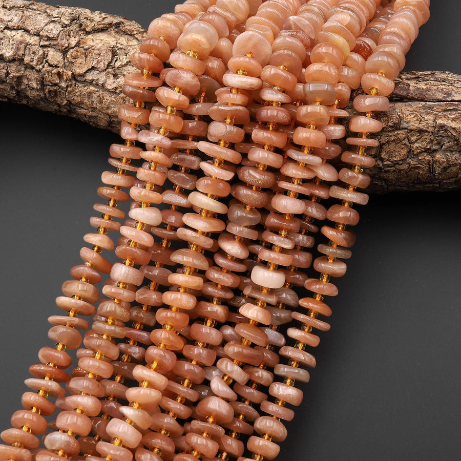 Natural Peach Moonstone Freeform Center Drilled 10mm Rondelle Disc Beads 15.5" Strand