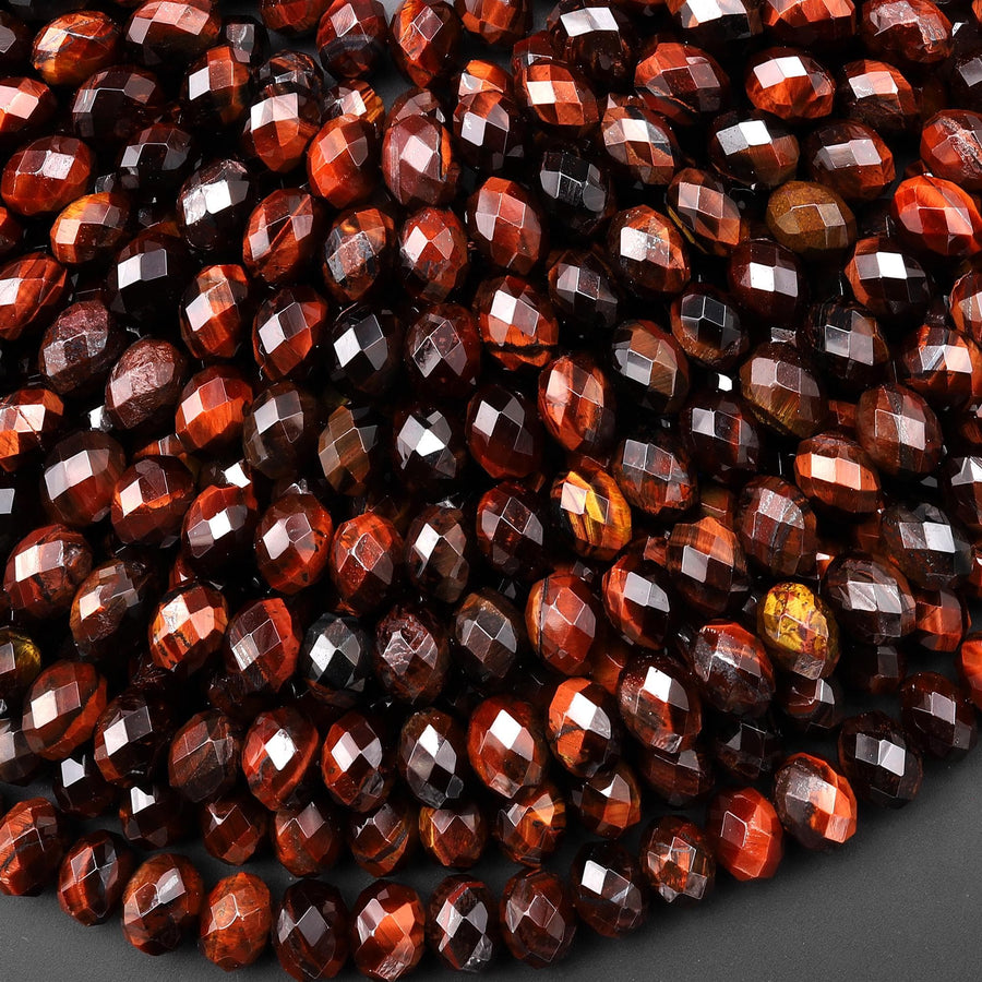 AAA Faceted Natural Red Tiger's Eye 8mm Rondelle Gemstone Beads 15" Strand