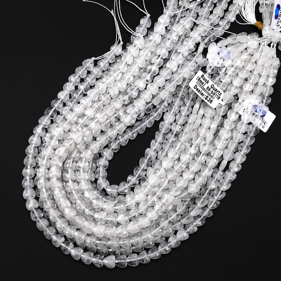 AAA Faceted Natural Rock Crystal Quartz Carved Heart Beads 8mm Gemstone 15.5" Strand