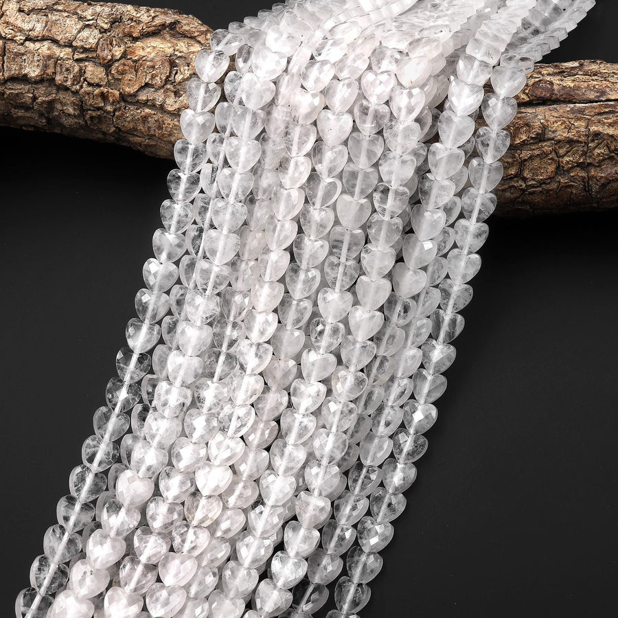 AAA Faceted Natural Rock Crystal Quartz Carved Heart Beads 8mm Gemstone 15.5" Strand