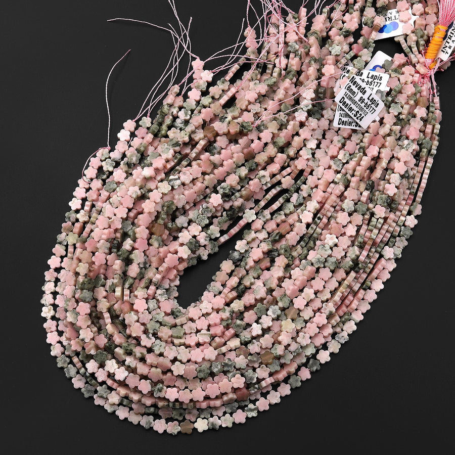 Natural Pink Nevada Lapis Cherry Blossom Flower Beads 6mm Carved Gemstone 15.5" Strand