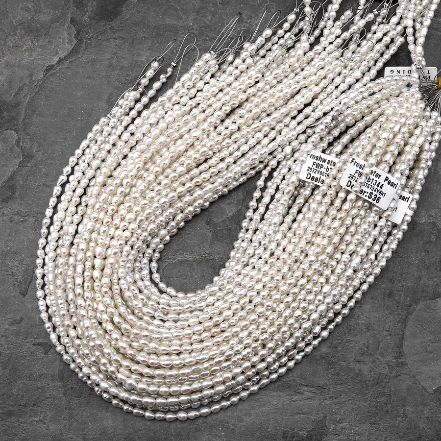 Genuine Freshwater Pearl 4mm Small White Rice Nugget Shape 14.5" Strand b1344