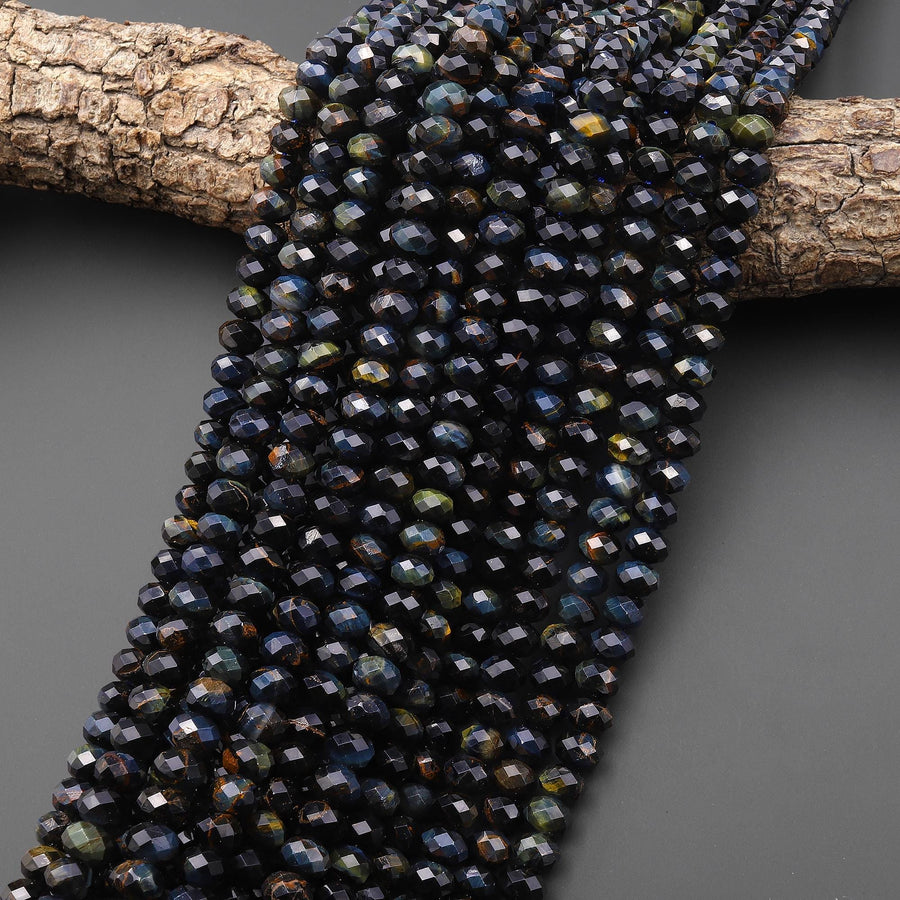AAA Faceted Natural Dark Blue Tiger's Eye 8mm Rondelle Gemstone Beads 15" Strand