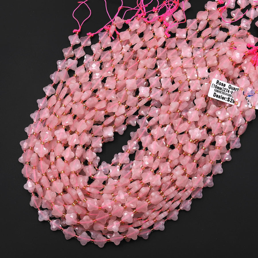 Four Leaf Clover 10mm Beads Natural Pink Rose Quartz Carved Faceted Flower Gemstone 15.5" Strand