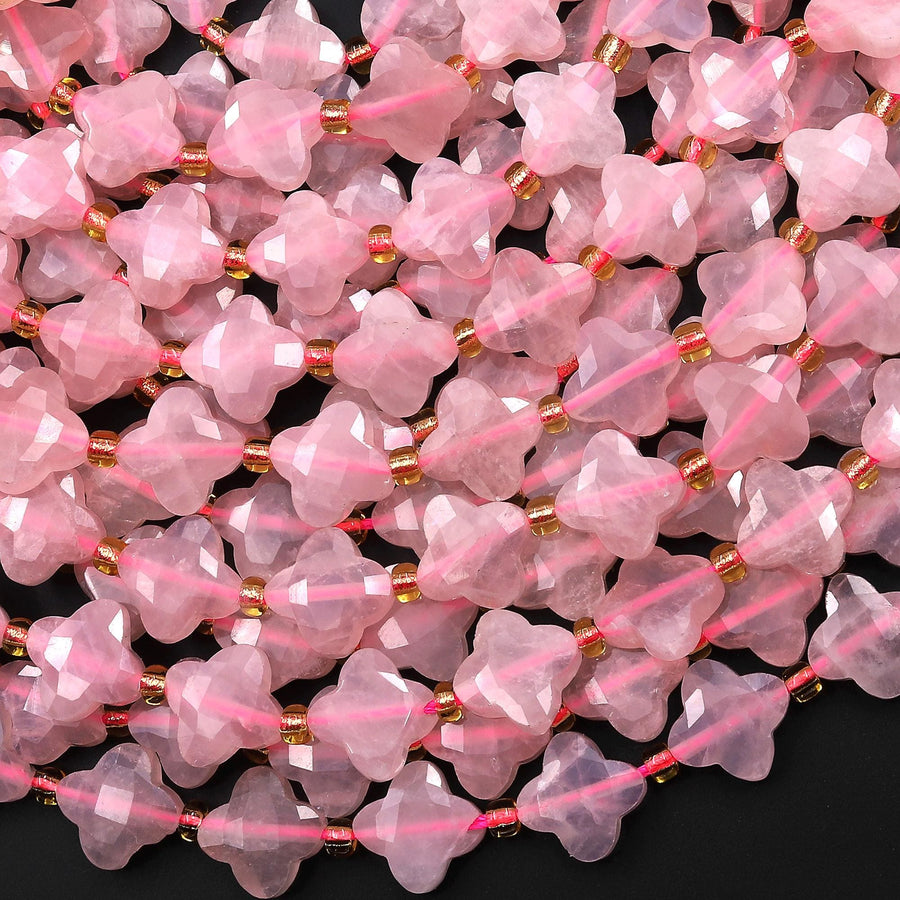 Four Leaf Clover 10mm Beads Natural Pink Rose Quartz Carved Faceted Flower Gemstone 15.5" Strand