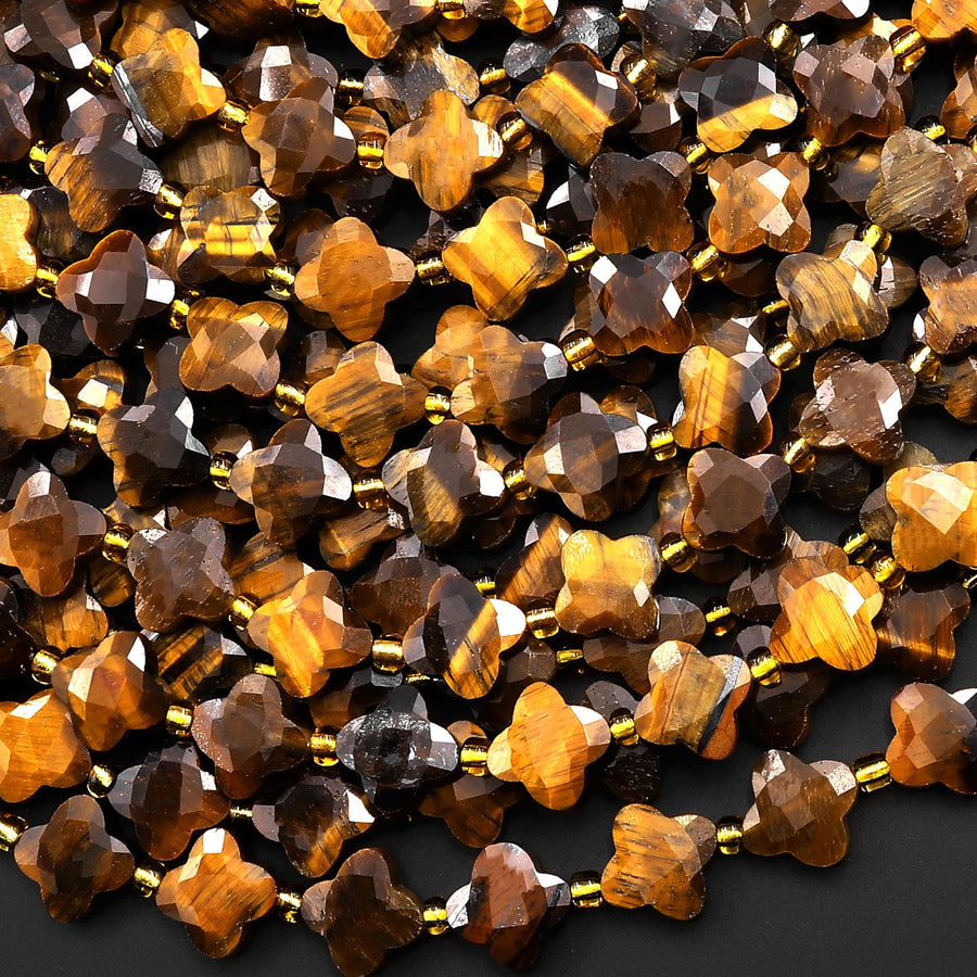 Four Leaf Clover 10mm Beads Natural Tiger's Eye Carved Faceted Flower Gemstone 15.5" Strand
