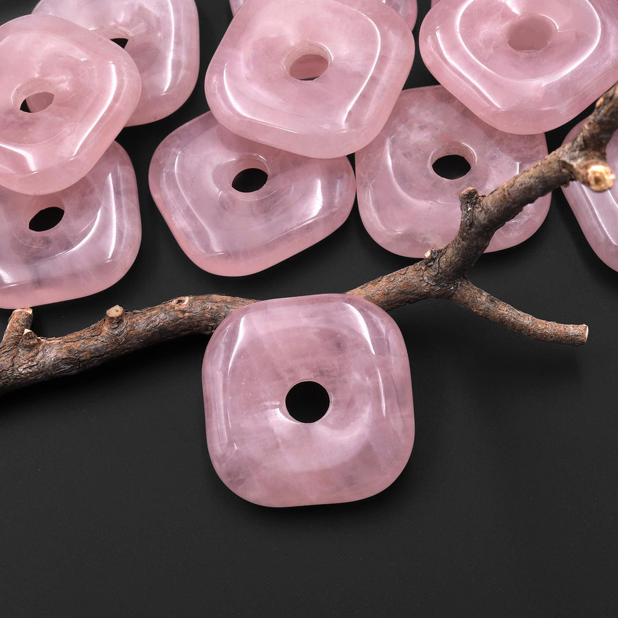 AAA Natural Pink Rose Quartz Square Donut Pendant Focal Bead 30mm A1