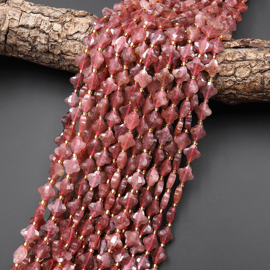 Four Leaf Clover 10mm Beads Natural Strawberry Quartz Carved Faceted Flower Gemstone 15.5" Strand