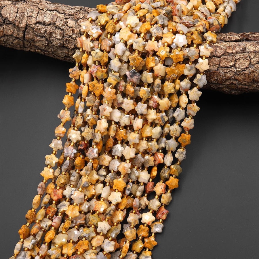 Faceted Natural Yellow Crazy Lace Agate Beads 8mm Carved Star Gemstone 14.5" Strand