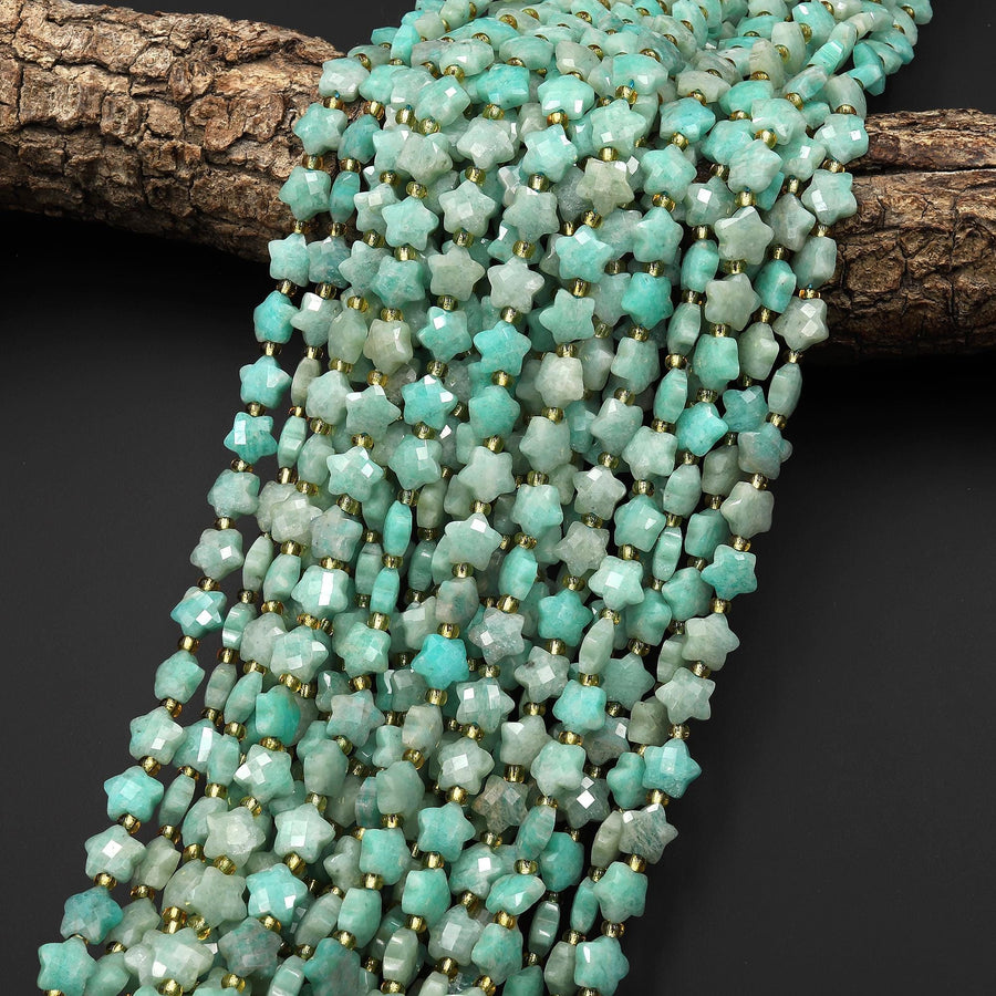 Faceted Natural Peruvian Sea Blue Green Amazonite Beads 8mm Carved Star Gemstone 14.5" Strand