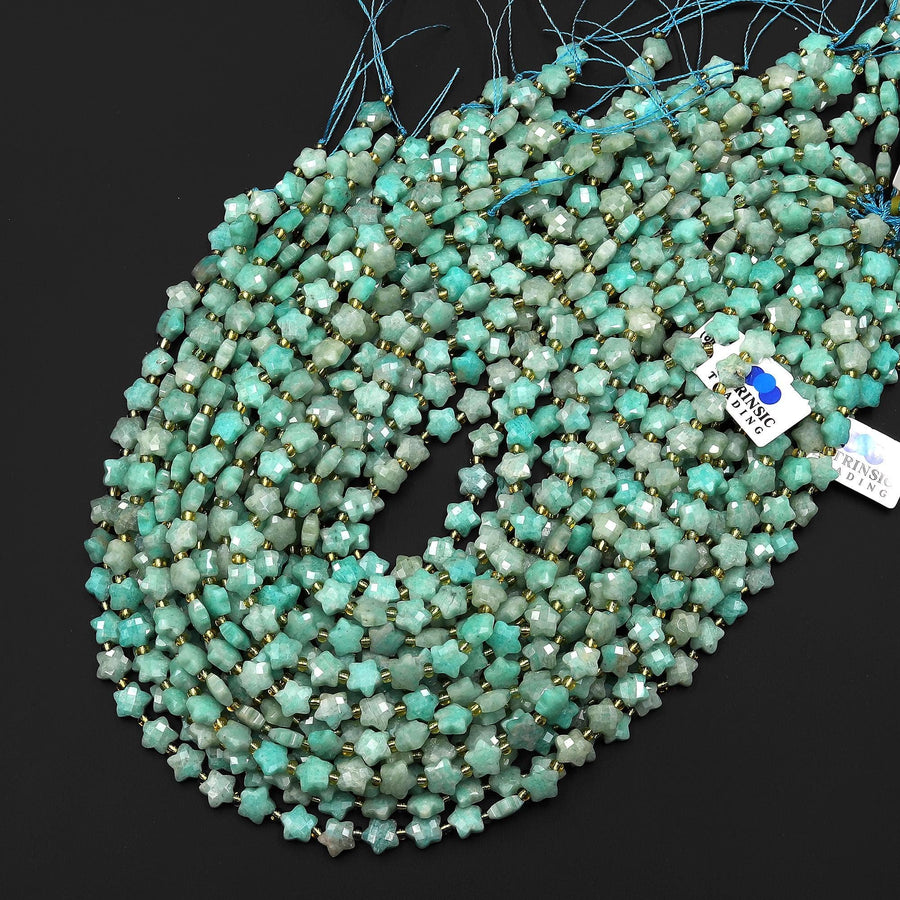 Faceted Natural Peruvian Sea Blue Green Amazonite Beads 8mm Carved Star Gemstone 14.5" Strand