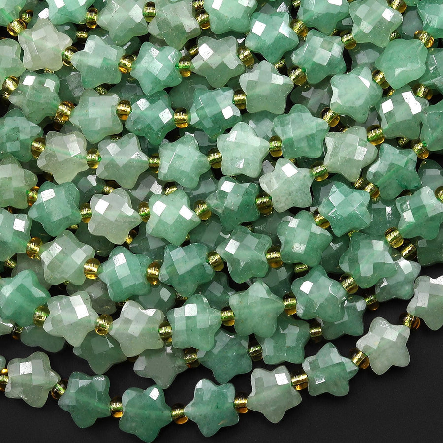 Faceted Natural Green Aventurine Beads 8mm Carved Star Gemstone 14.5" Strand