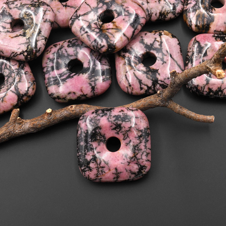 AAA Natural Pink Black Rhodonite Square Donut Pendant Focal Bead 30mm A1