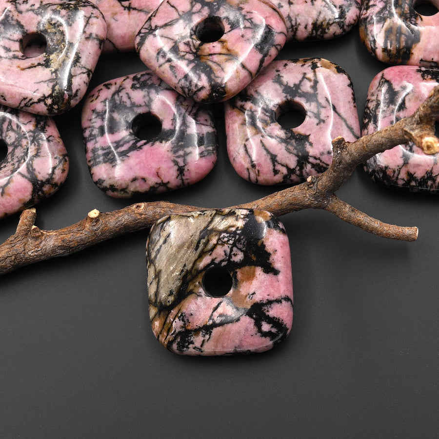 AAA Natural Pink Black Rhodonite Square Donut Pendant Focal Bead 30mm A2